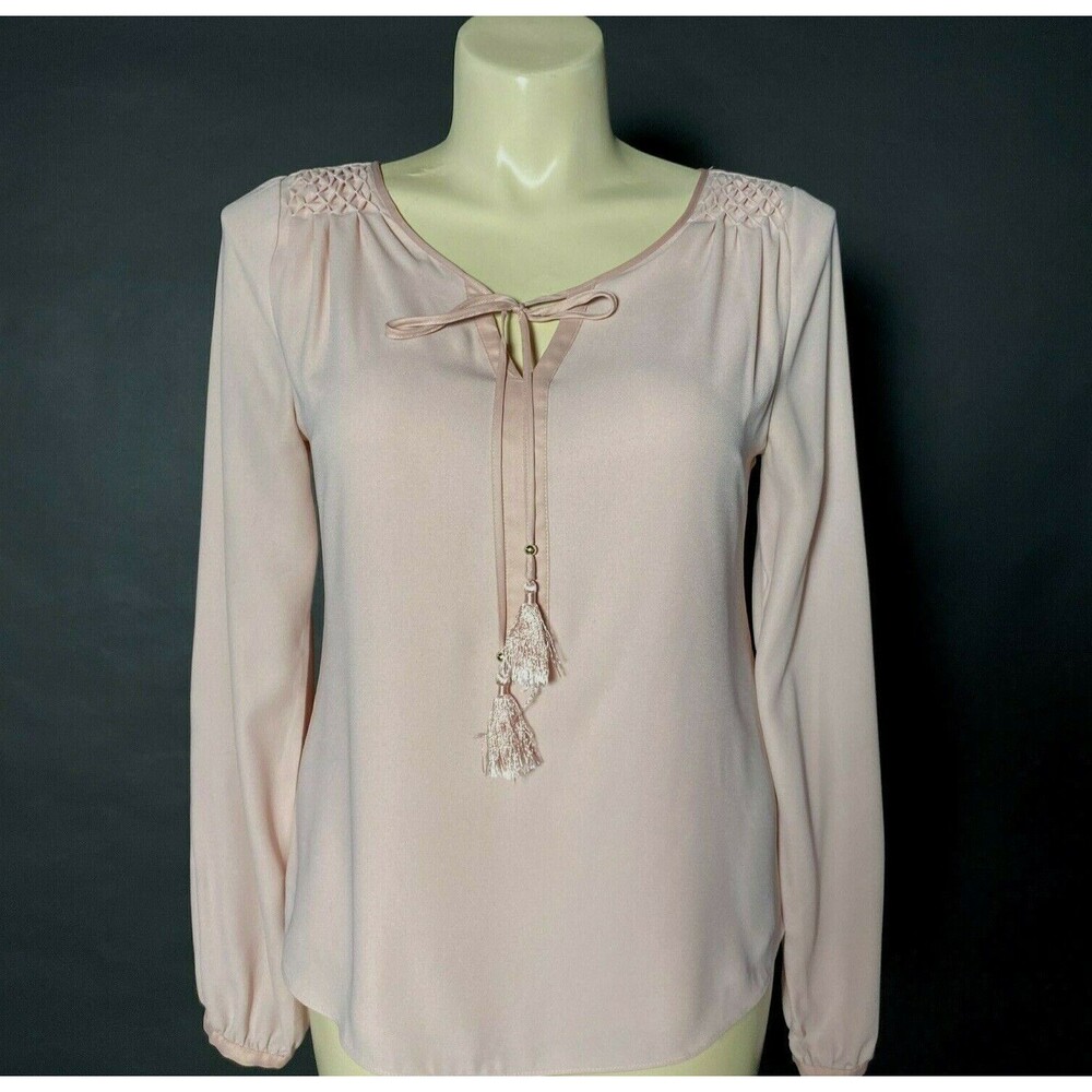 White‎ House Black Market Top MED Dusty Pink Rose Long Sl Tassel Smock Blouse